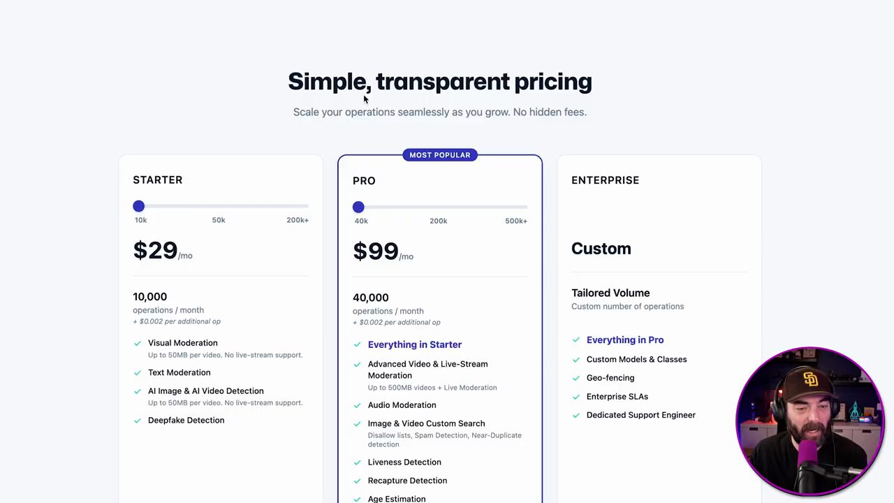 Bảng giá Sightengine với gói Starter, Pro và Enterprise
