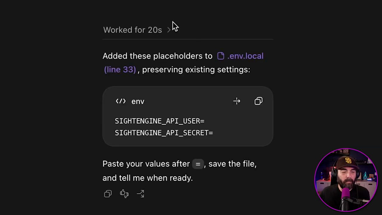Codex thêm hai biến SIGHTENGINE_API_USER và SIGHTENGINE_API_SECRET vào .env.local