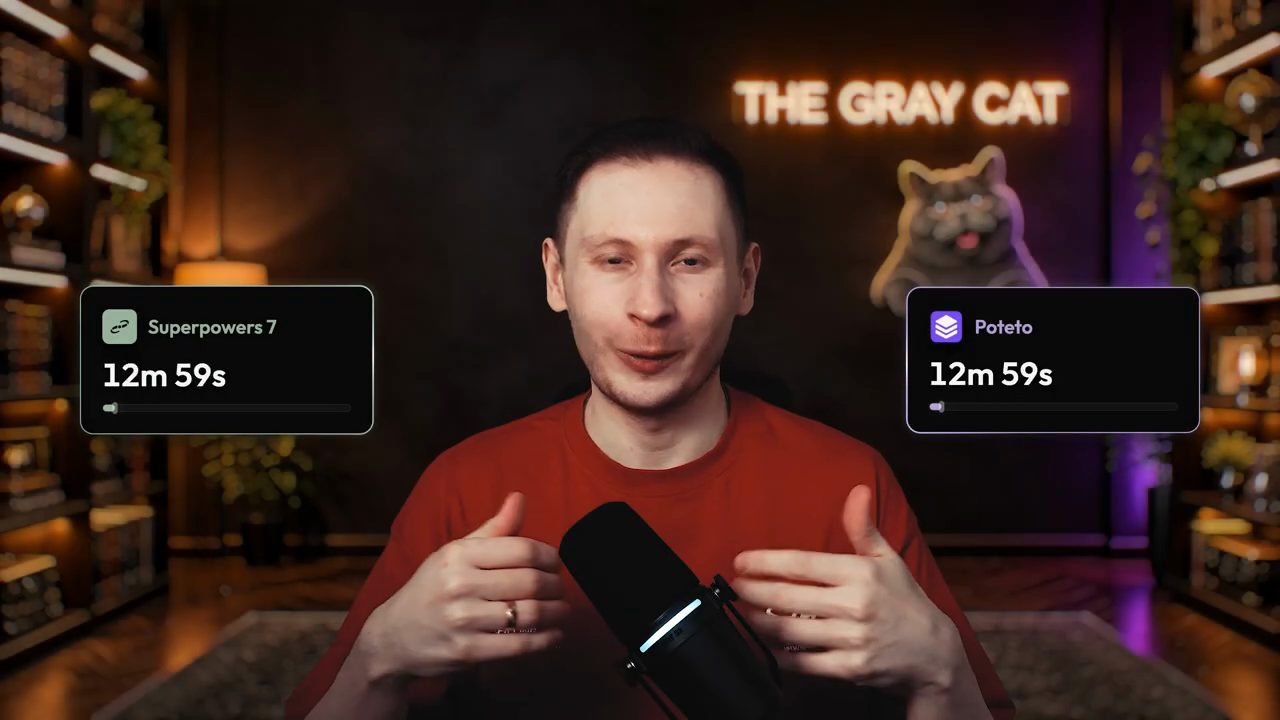 The Gray Cat trước micro, hai bên là hai đồng hồ Superpowers 7 và Poteto cùng chạy