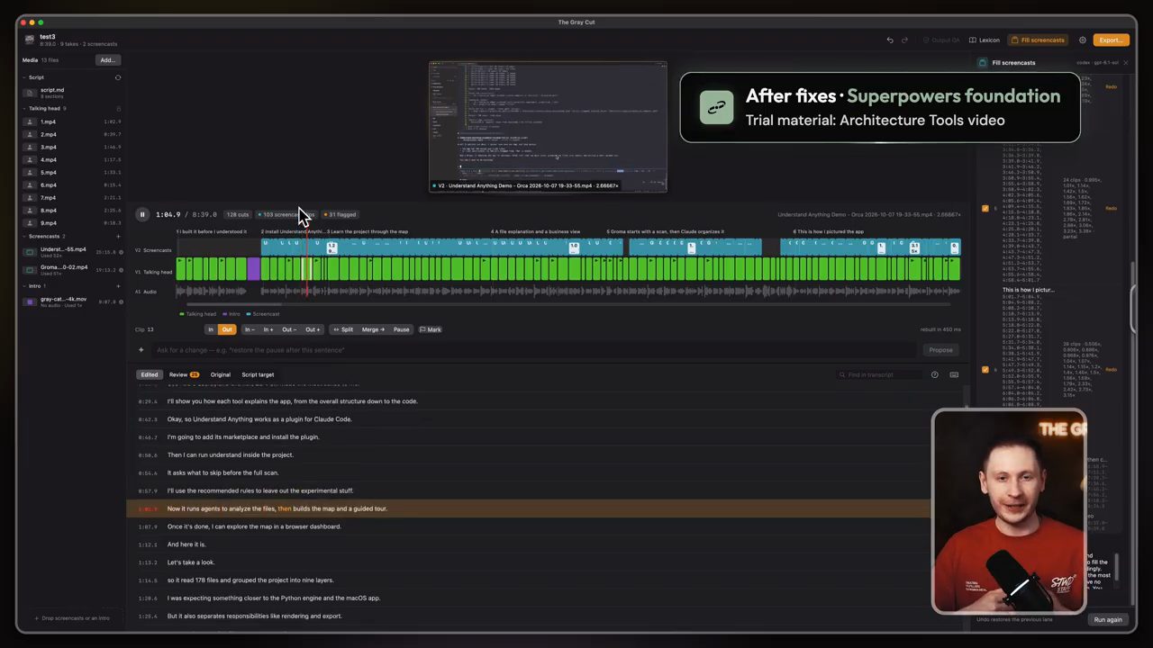 The Gray Cut sau khi sửa lỗi, nền tảng Superpowers: timeline có track screencast tự điền và danh sách câu thoại bên dưới