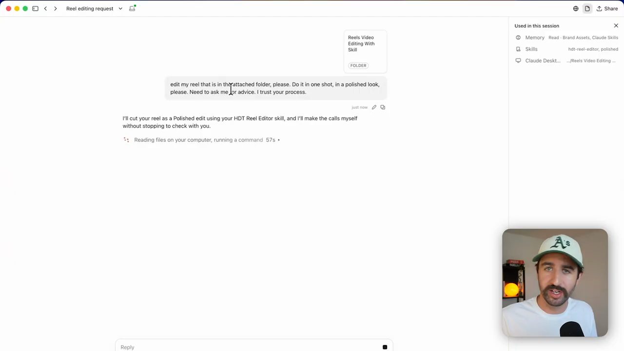 Cuộc chat Reel editing request, Claude trả lời sẽ dựng bản Polished bằng HDT Reel Editor skill