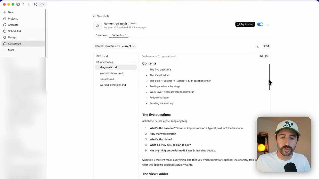Trang skill content-strategist trong Claude, tab Contents mở file references/diagnosis.md
