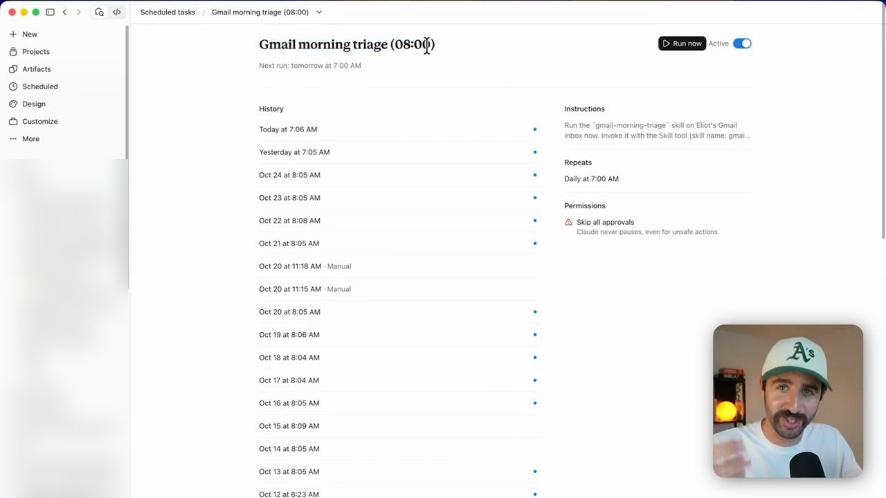 Trang Scheduled tasks: Gmail morning triage (08:00), lịch sử chạy mỗi sáng
