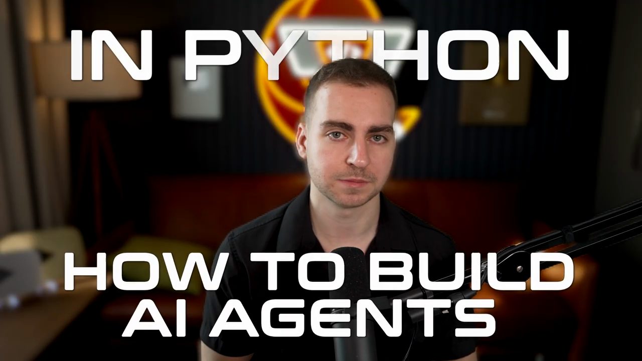 Tim Ruscica trước camera với dòng chữ IN PYTHON và HOW TO BUILD AI AGENTS