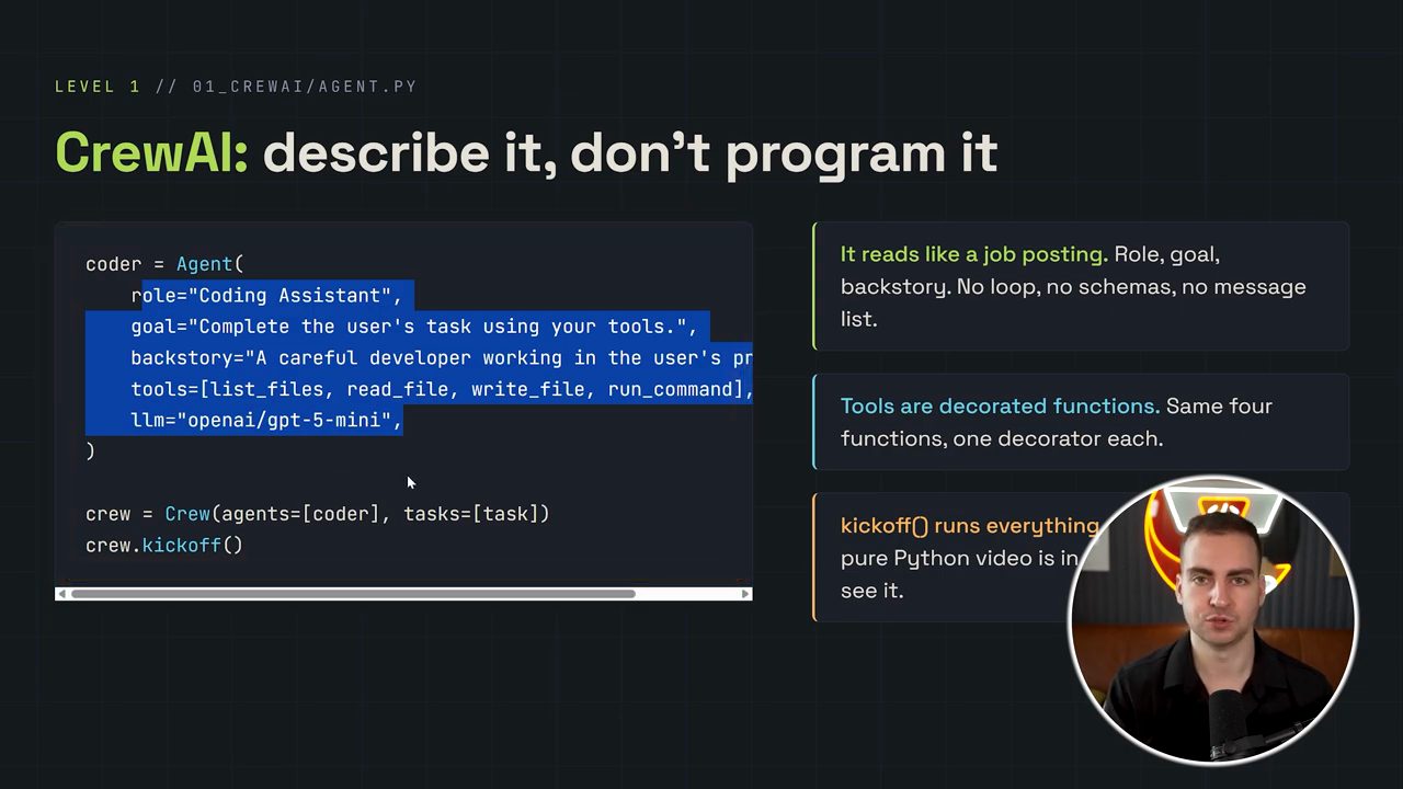 Slide CrewAI: describe it, don't program it với đoạn code coder = Agent(...) và crew.kickoff()