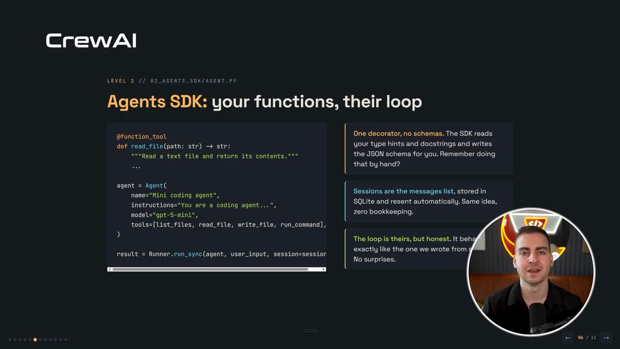 Slide Agents SDK: your functions, their loop với code @function_tool, Agent và Runner.run_sync