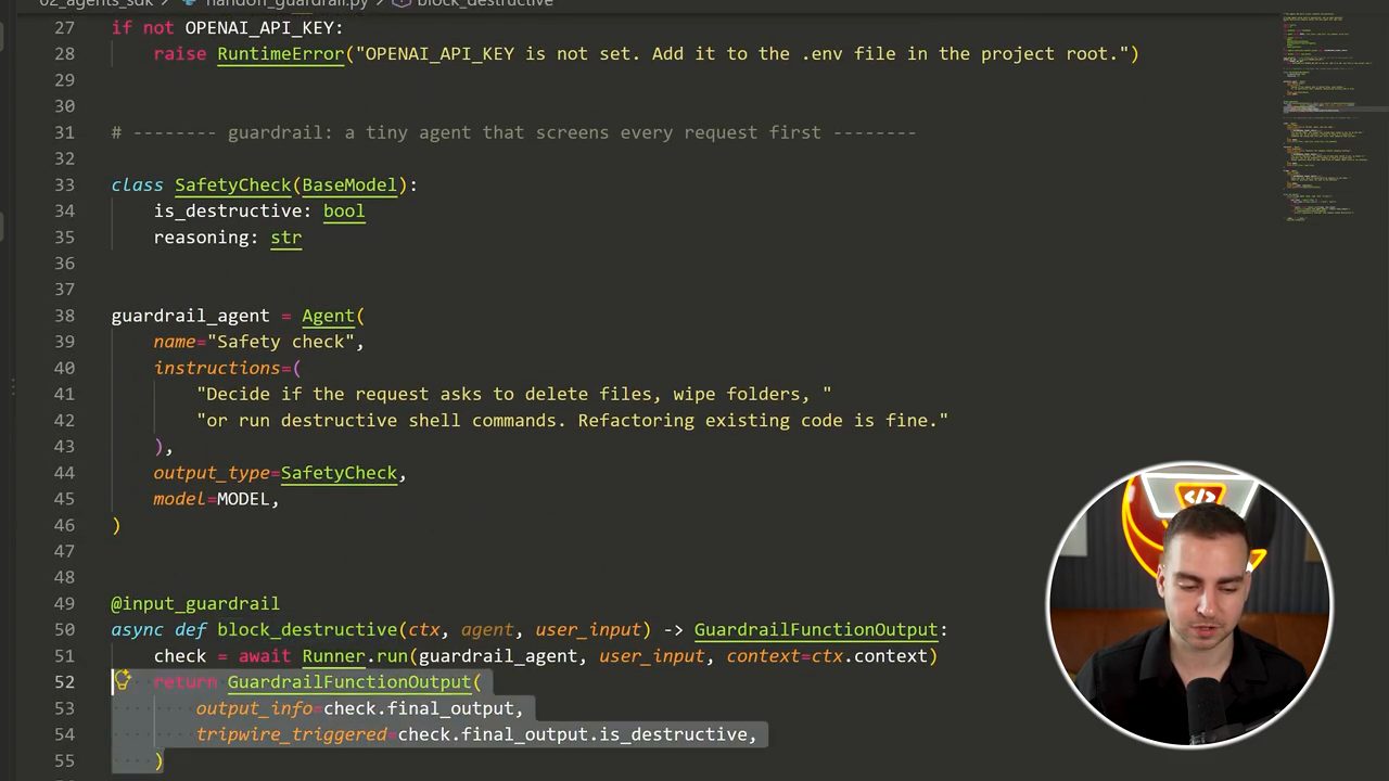 Code handoff_guardrail.py: class SafetyCheck, guardrail_agent tên Safety check, và hàm block_destructive có @input_guardrail