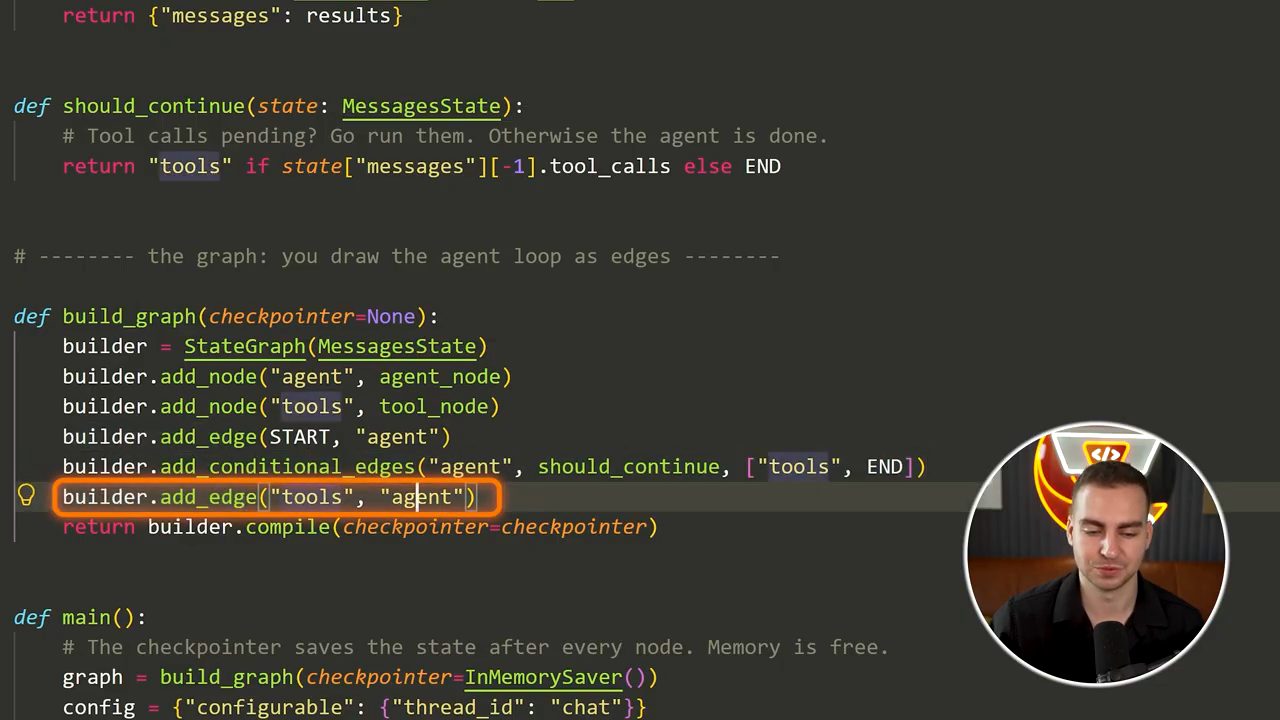 Code should_continue và build_graph với add_node, add_edge, add_conditional_edges và compile với checkpointer