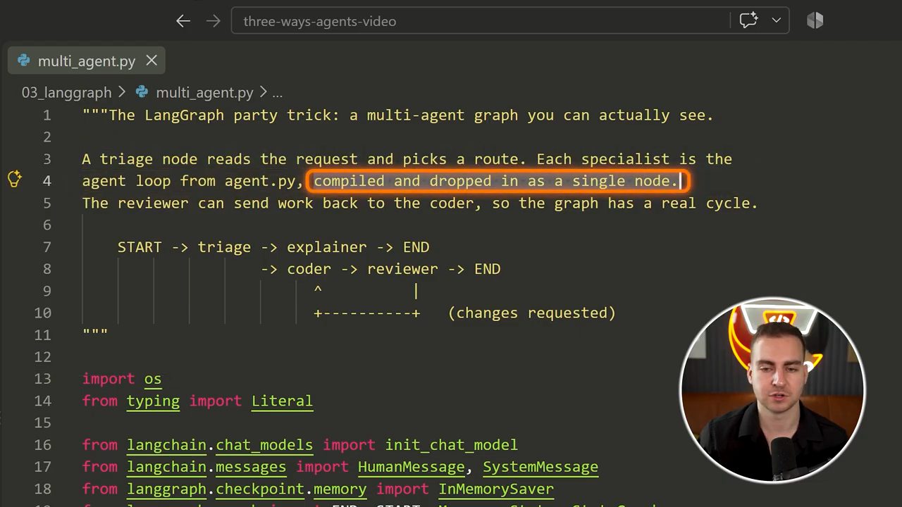 Docstring đầu multi_agent.py mô tả triage, specialist và reviewer với sơ đồ ASCII