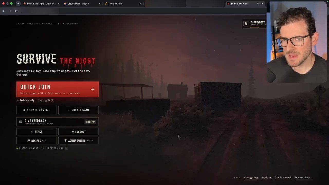 Màn hình chính của Survive the Night với các nút Quick Join, Browse Games, Create Game, góc phải là Cody