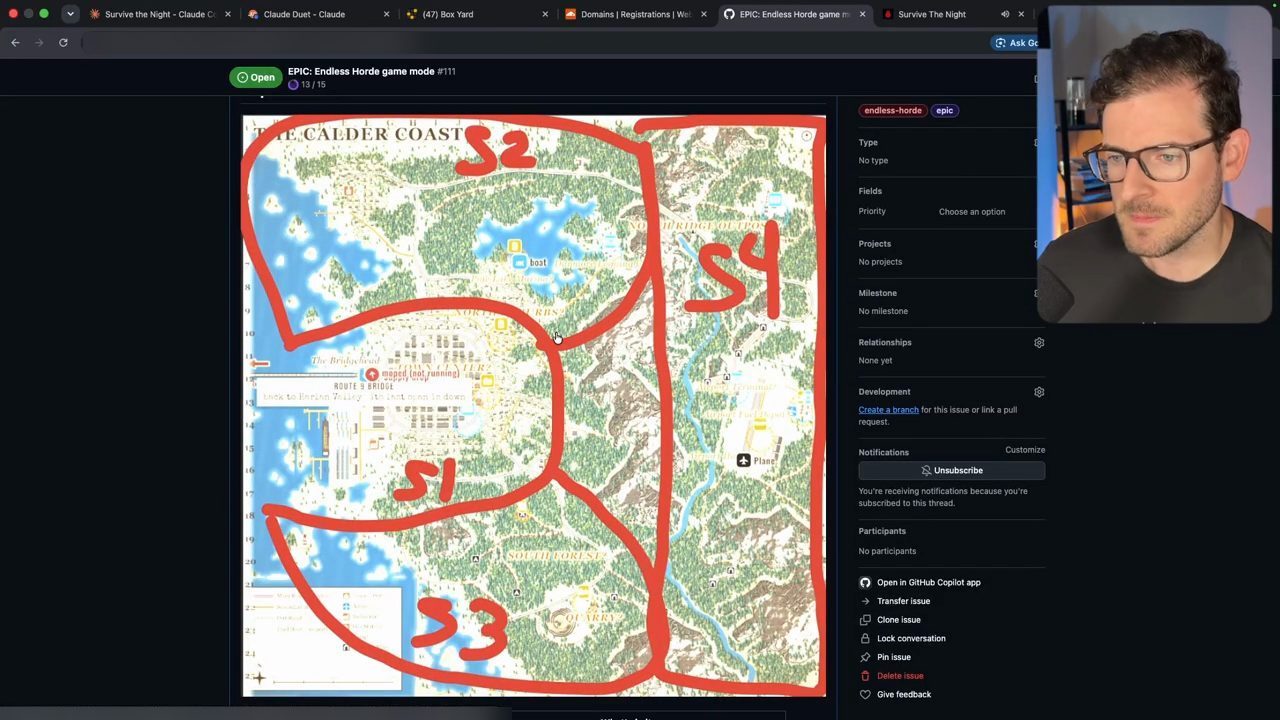 Issue GitHub EPIC: Endless Horde game mode #111, ảnh map The Calder Coast được khoanh tay bằng bút đỏ thành bốn vùng S1, S2, S3, S4