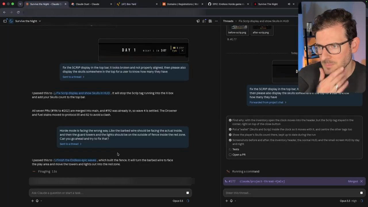 Claude Code bản web, project Survive the Night: tin nhắn về hàng rào quay sai hướng và trả lời đã chuyển việc sang một thread, bên phải là một thread khác đang chạy