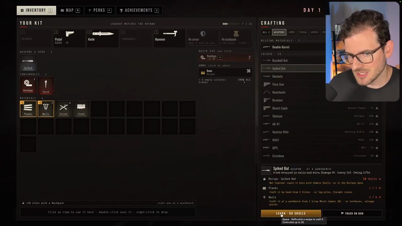 Màn hình Inventory và Crafting: mục Weapons, danh sách vũ khí bị khoá, Spiked Bat được chọn với nút Learn 60 Skulls