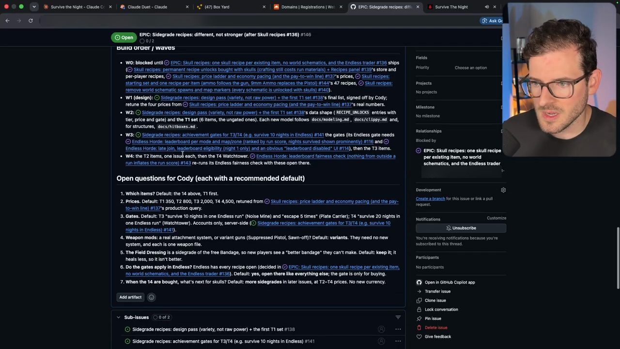 Epic Sidegrade recipes #146: mục Build order / waves từ W0 tới W4, mục Open questions for Cody với bảy câu hỏi có đáp án mặc định, và Sub-issues 0 of 2