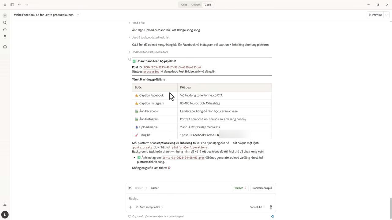 Tab Code của Claude báo hoàn thành toàn bộ pipeline với bảng tóm tắt các bước