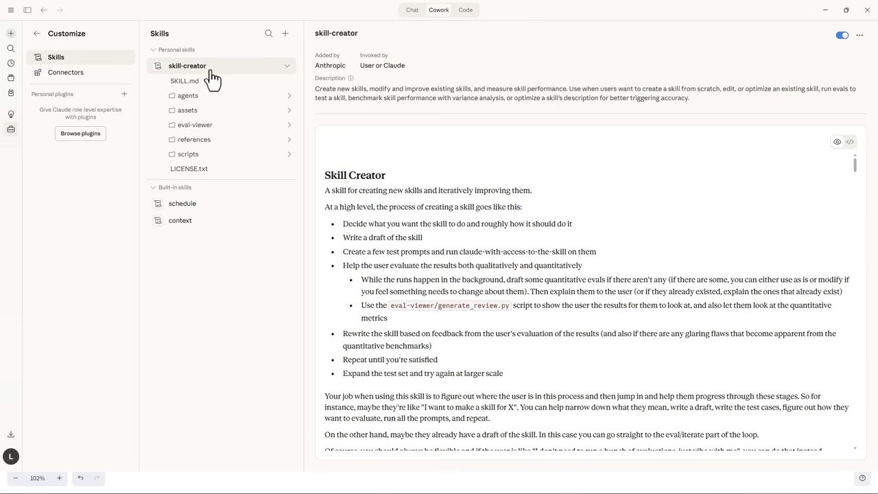 Màn hình Customize, mục Skills trong Claude, đang mở skill-creator