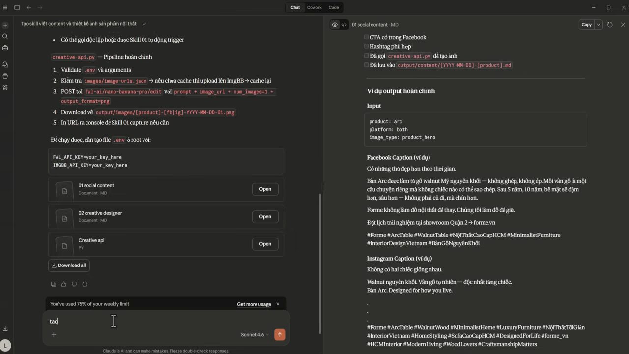 Claude trả về ba file skill và mẫu file .env, bên phải là file 01 social content