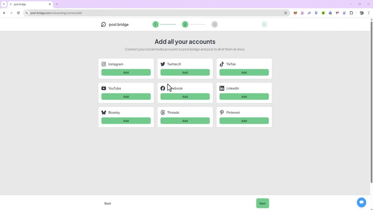 Màn hình Add all your accounts của Post Bridge với chín nền tảng