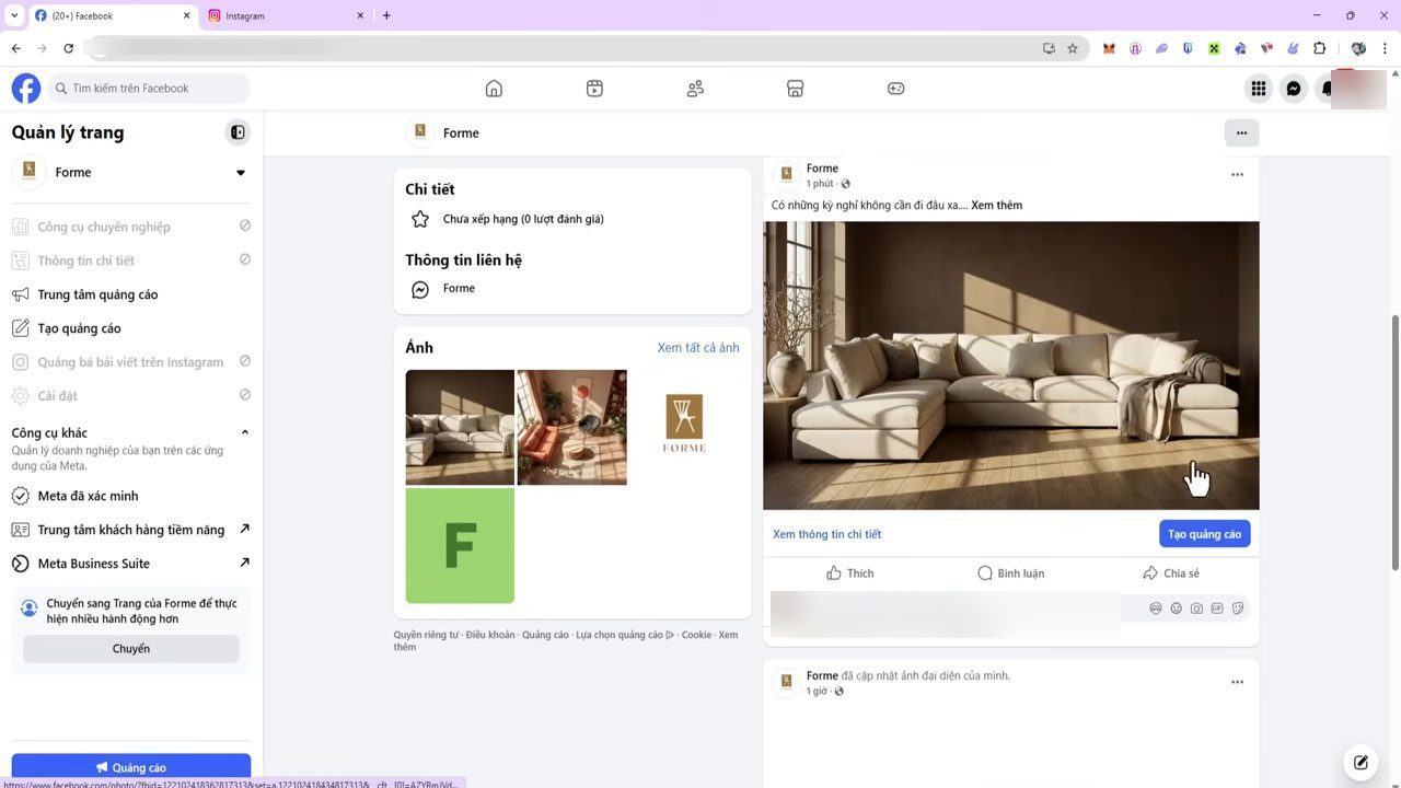 Fanpage Facebook Forme với bài đăng sofa Lento vừa lên