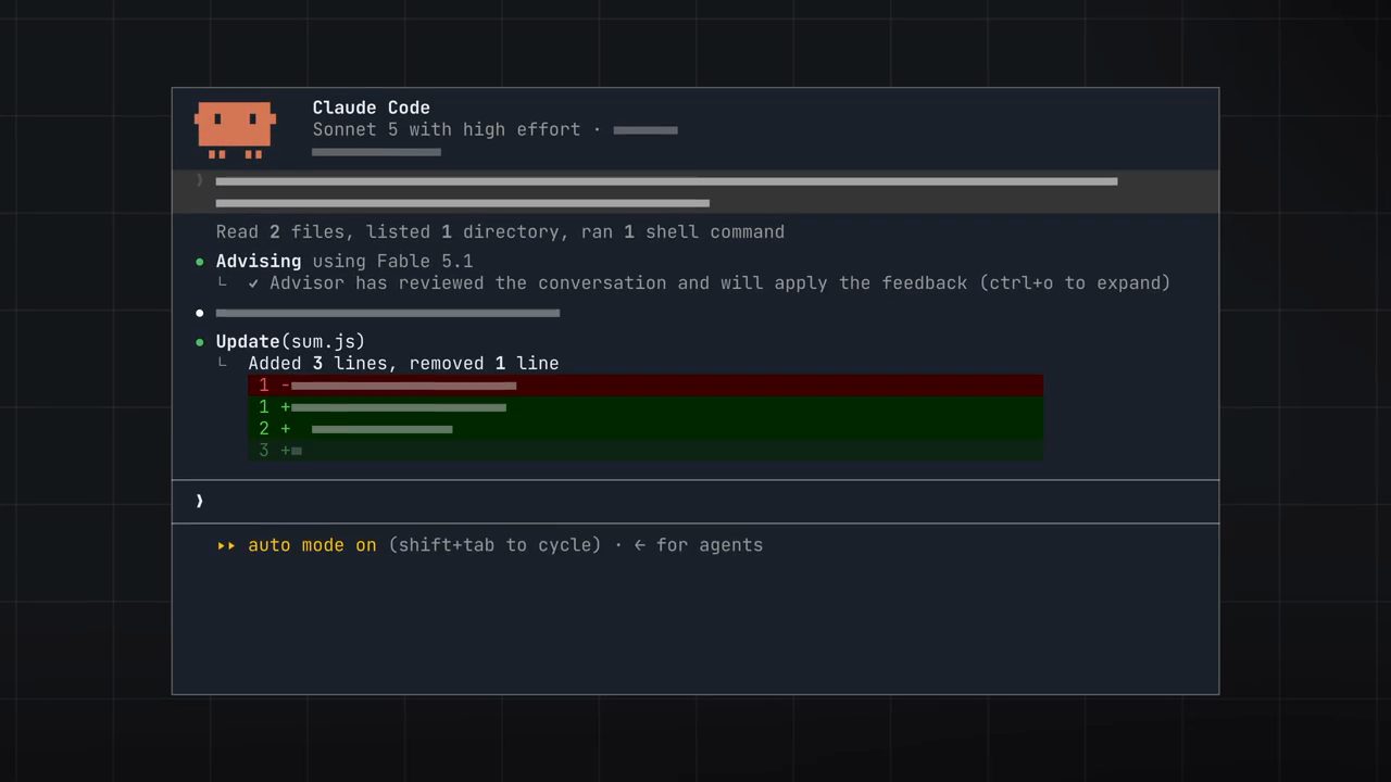 Phiên Claude Code chạy Sonnet 5 with high effort, dòng Advising using Fable 5.1 và Advisor has reviewed the conversation, rồi một Update(sum.js)