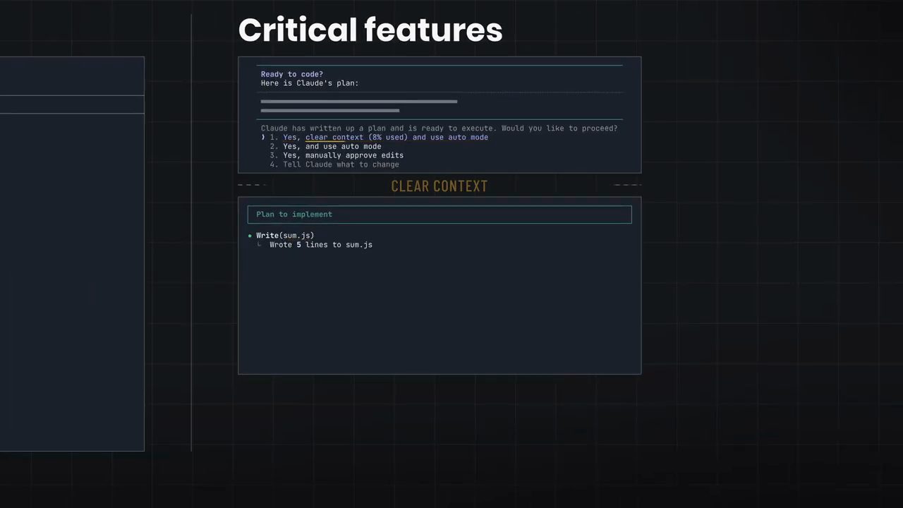 Critical features: Claude Code hỏi Ready to code? với lựa chọn Yes, clear context (8% used) and use auto mode; vạch CLEAR CONTEXT rồi Plan to implement và Write(sum.js)