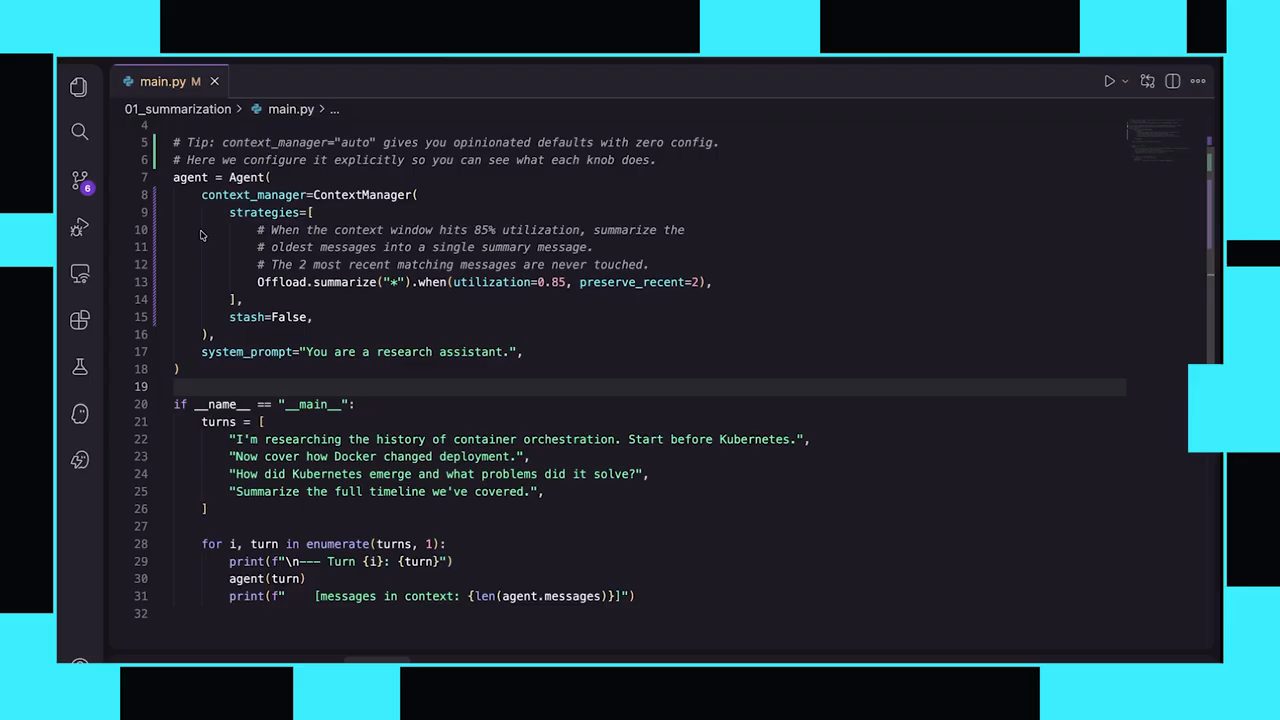 File 01_summarization/main.py trong editor với ContextManager và Offload.summarize