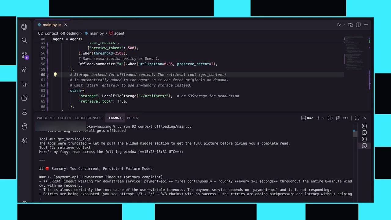 Terminal chạy demo context offloading: Tool #1 get_service_logs, Tool #2 retrieve_context