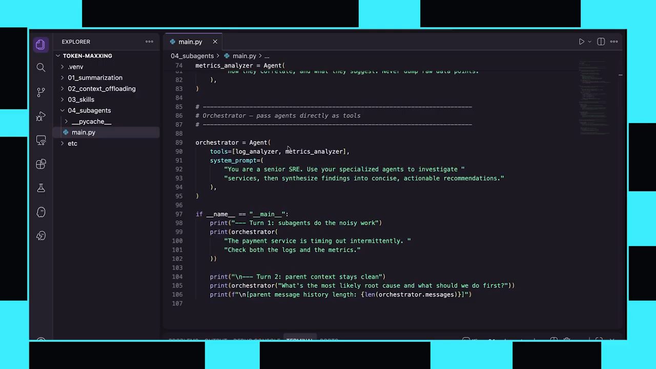 File 04_subagents/main.py: orchestrator nhận log_analyzer và metrics_analyzer làm tool