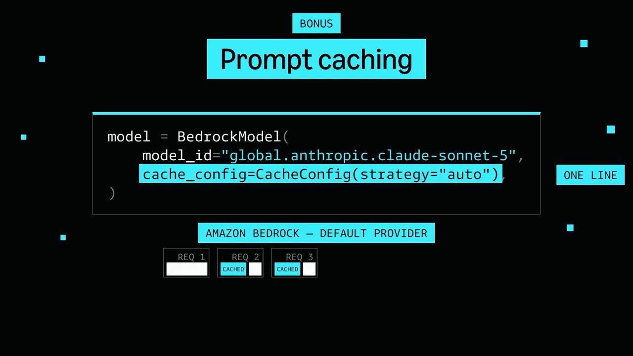 Slide Prompt caching: BedrockModel với cache_config=CacheConfig(strategy=auto)