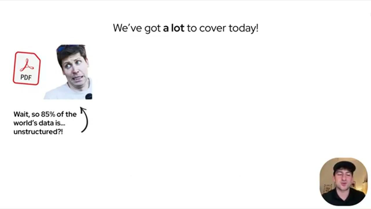 Slide We've got a lot to cover today với biểu tượng PDF, một khuôn mặt hoảng hốt và dòng chữ Wait, so 85% of the world's data is unstructured?!