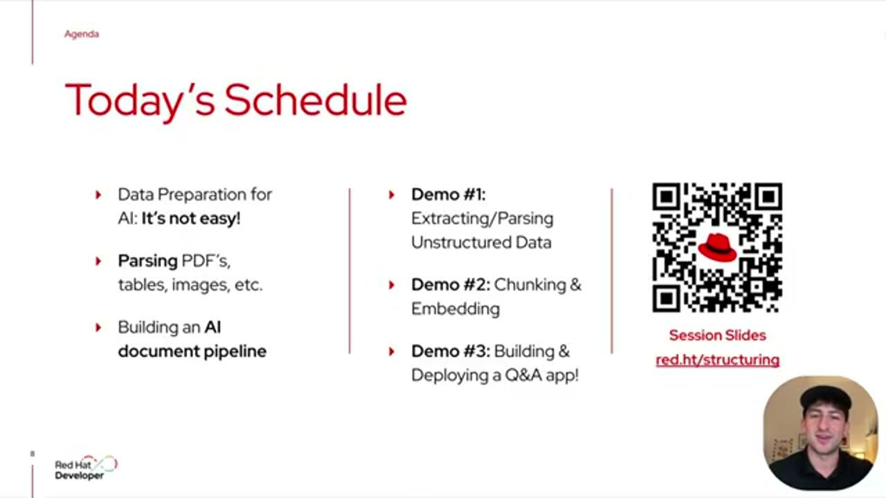 Slide Today's Schedule: Data Preparation for AI, Parsing PDFs tables images, Building an AI document pipeline, ba demo, và mã QR dẫn tới session slides