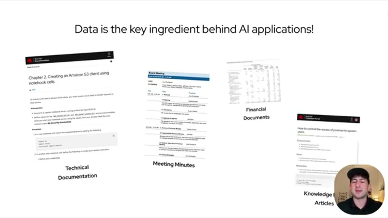 Slide Data is the key ingredient behind AI applications với ảnh minh hoạ Technical Documentation, Meeting Minutes, Financial Documents, Knowledge Articles