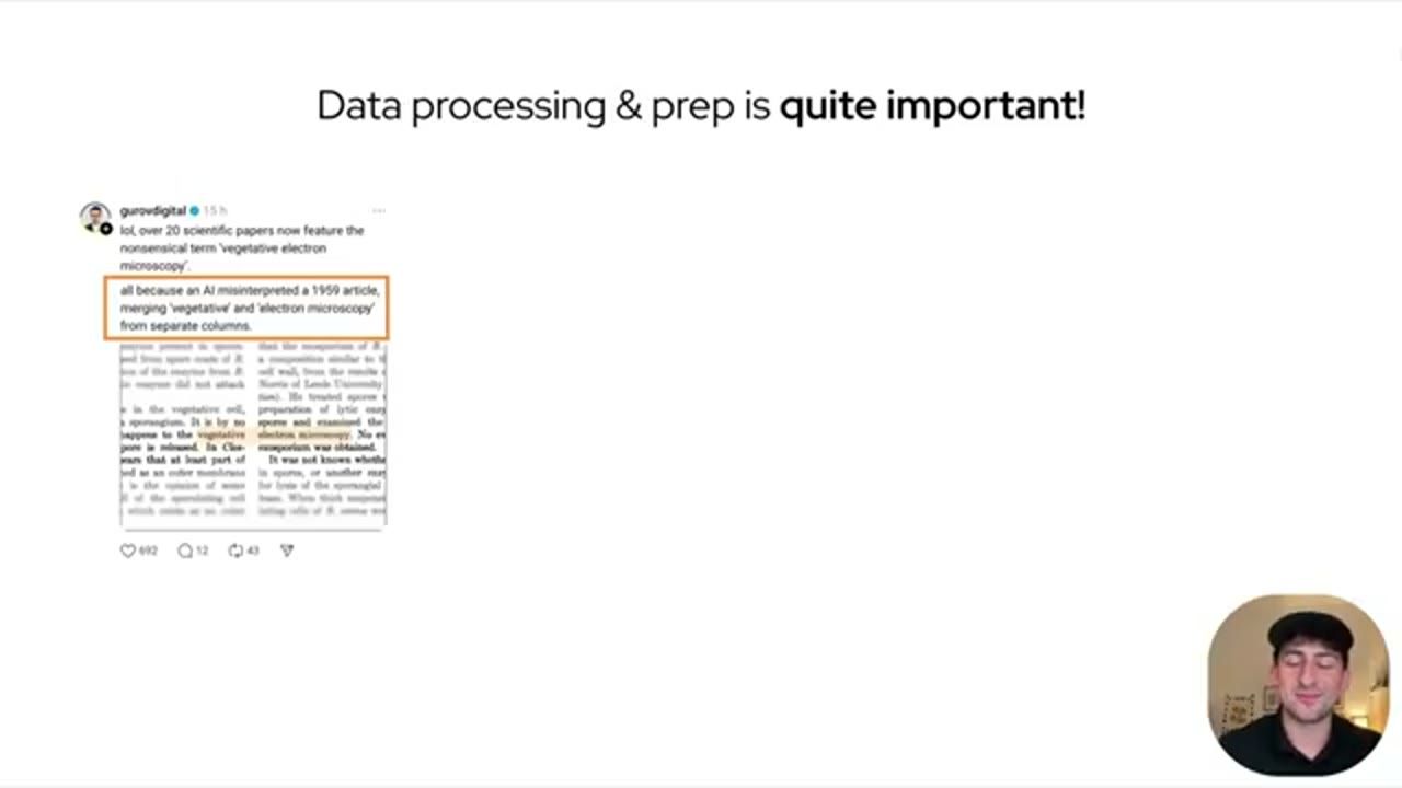 Slide Data processing and prep is quite important với tweet về hơn 20 bài báo khoa học chứa cụm từ vô nghĩa vegetative electron microscopy và trang báo scan hai cột