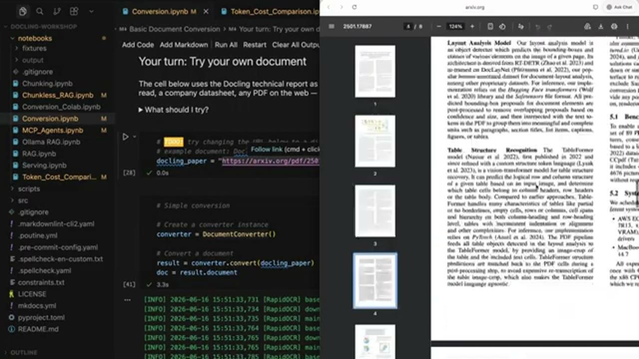 Notebook Conversion.ipynb với cell Simple conversion dùng DocumentConverter, bên phải là bài báo Docling trên arxiv đang mở ở trang 4