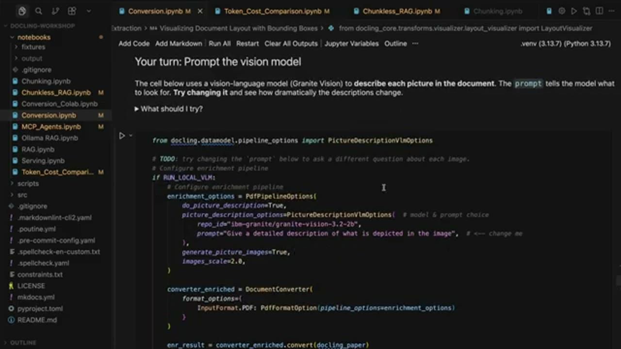 Cell Your turn: Prompt the vision model, cấu hình PdfPipelineOptions với PictureDescriptionVlmOptions dùng ibm-granite/granite-vision-3.2-2b