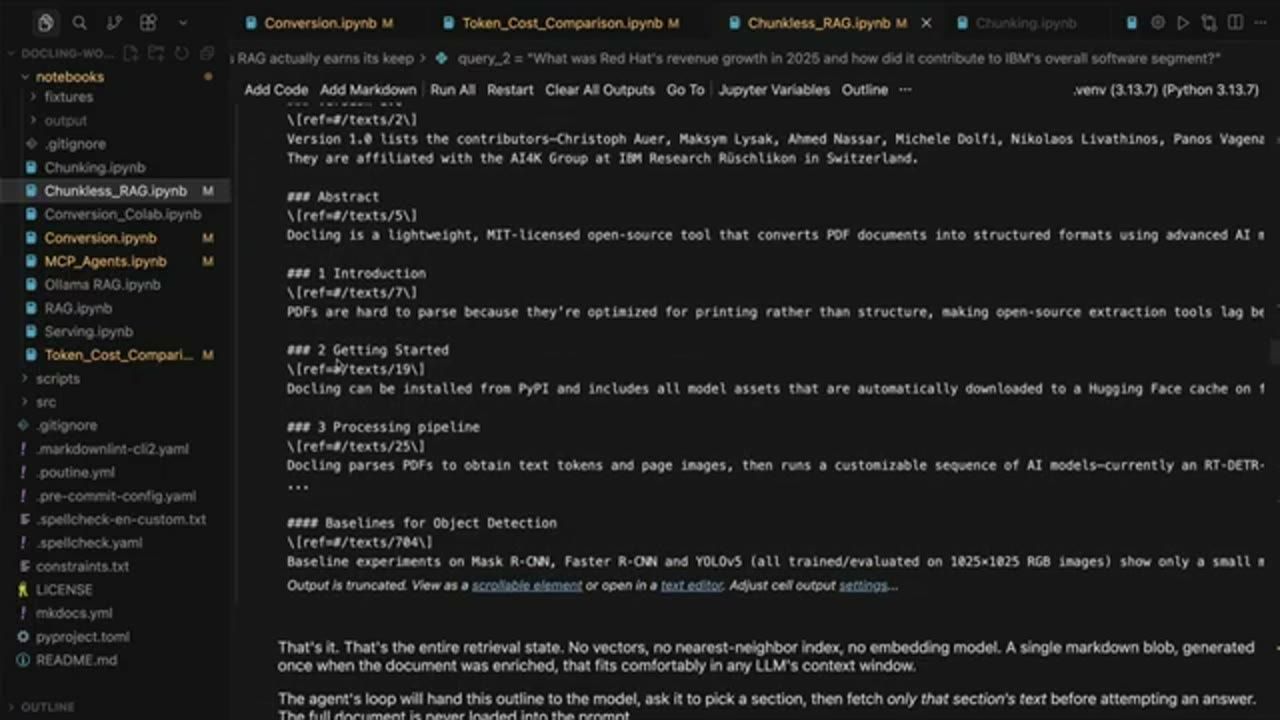 Outline Markdown của bài báo Docling với các mục Abstract, Introduction, Getting Started, Processing pipeline, mỗi mục có ref và một dòng tóm tắt