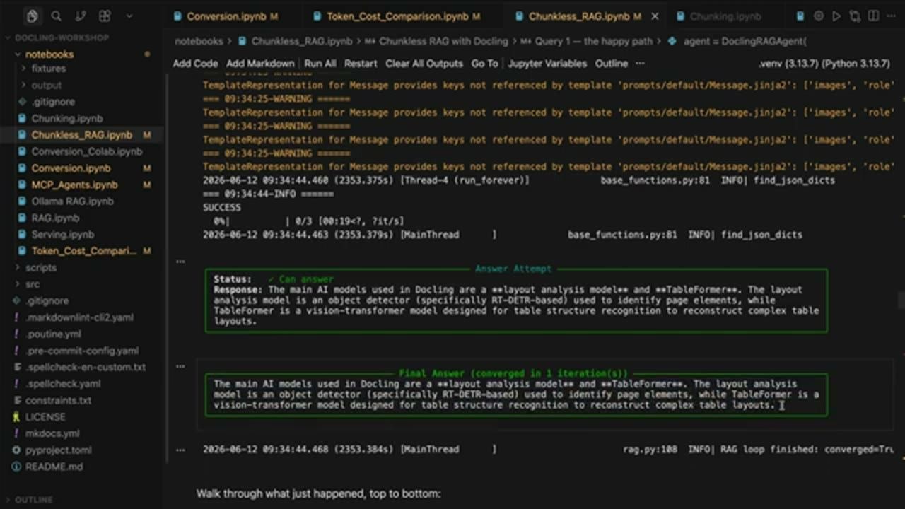 Output của RAG loop: Status Can answer, Response mô tả layout analysis model và TableFormer, Final Answer converged in 1 iteration