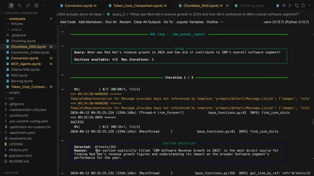 RAG loop trên ibm_annual_report: câu hỏi về tăng trưởng doanh thu Red Hat năm 2025, 418 sections, max 5 iterations, section được chọn là IBM Software Revenue Growth in 2025