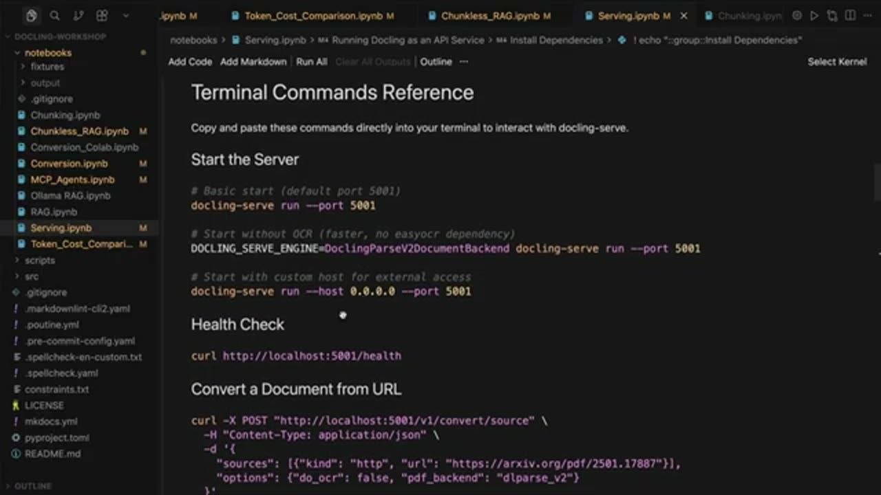 Notebook Serving.ipynb, mục Terminal Commands Reference với các lệnh docling-serve run, health check và convert một tài liệu từ URL bằng curl