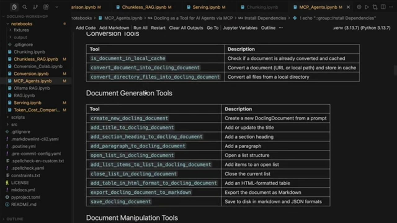 Notebook MCP_Agents.ipynb liệt kê Conversion Tools và Document Generation Tools của docling-mcp