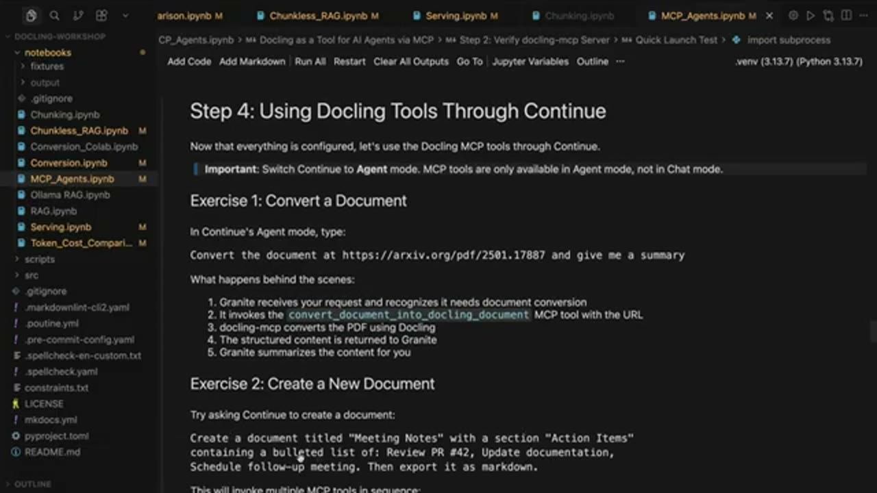 Step 4: Using Docling Tools Through Continue, với Exercise 1 convert một tài liệu arxiv và tóm tắt, Exercise 2 tạo tài liệu Meeting Notes