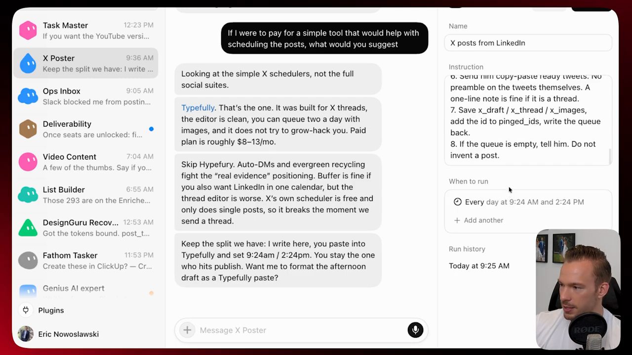 Bot X Poster với routine X posts from LinkedIn chạy mỗi ngày hai lần