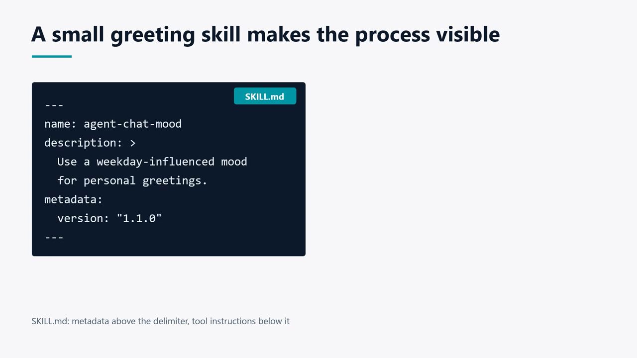 Slide A small greeting skill makes the process visible với front matter của agent-chat-mood