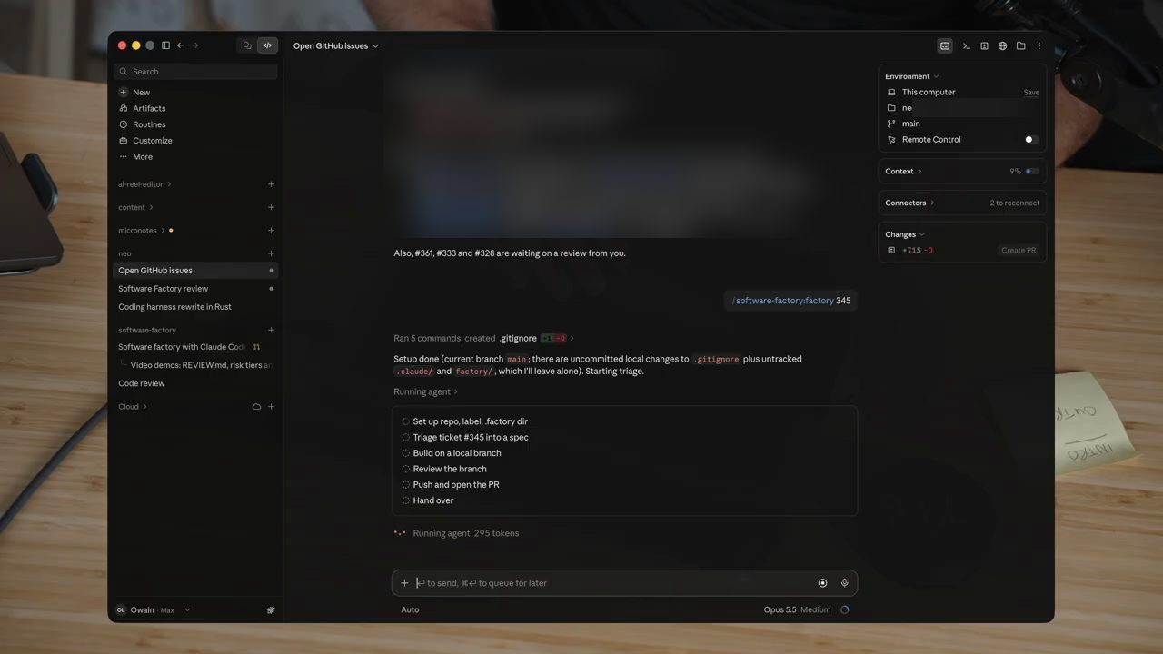 Claude desktop app chạy /software-factory:factory 345 với danh sách các bước của pipeline