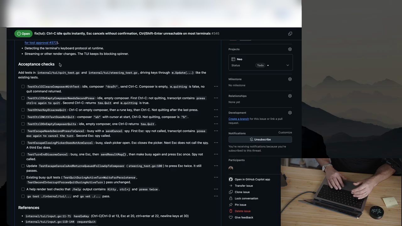 GitHub issue #345 với mục Acceptance checks liệt kê các test cần thêm
