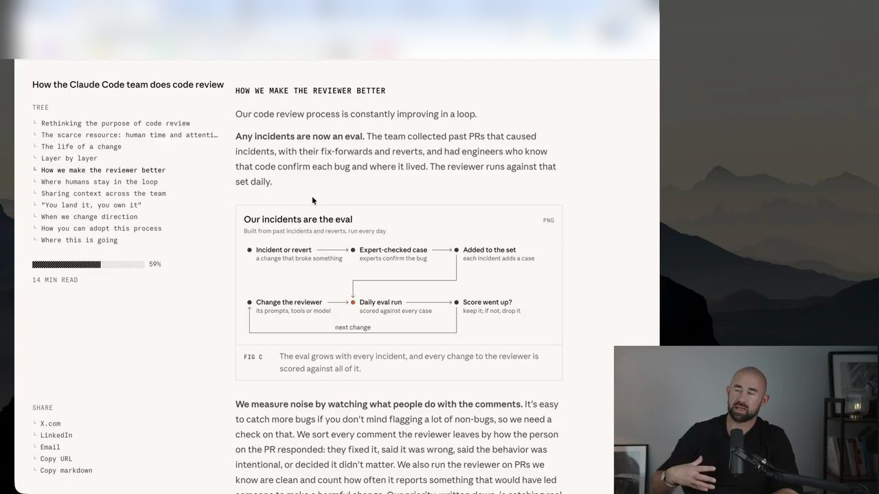 Phần How we make the reviewer better trong bài viết của Anthropic với sơ đồ Our incidents are the eval