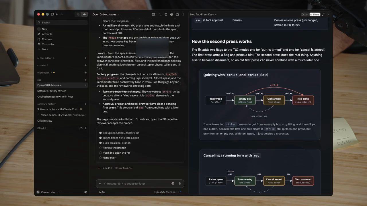 Claude desktop app: bên trái là tiến độ factory, bên phải là trang explainer Neo Two-Press Keys với sơ đồ trạng thái