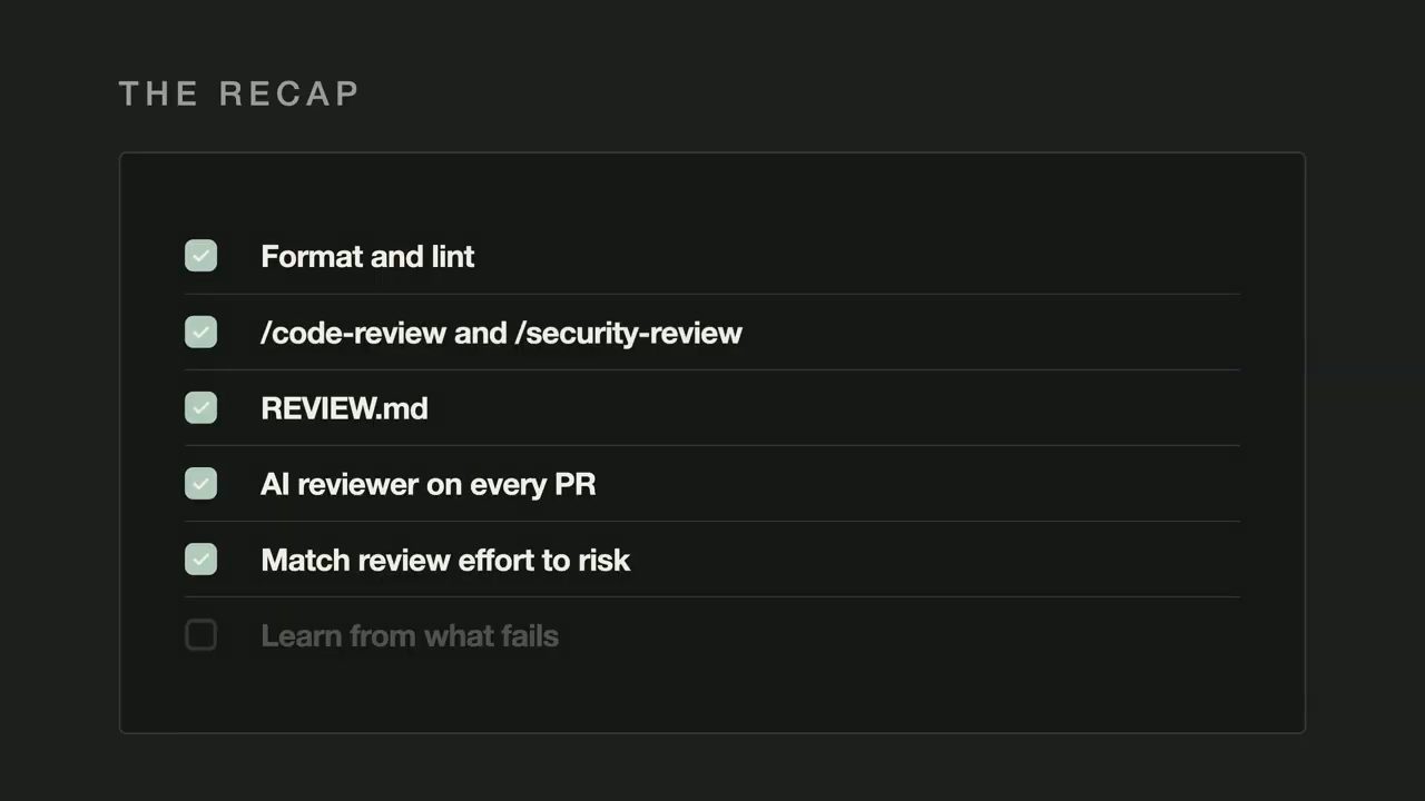 Slide The recap với các mục Format and lint, /code-review and /security-review, REVIEW.md, AI reviewer on every PR, Match review effort to risk, Learn from what fails