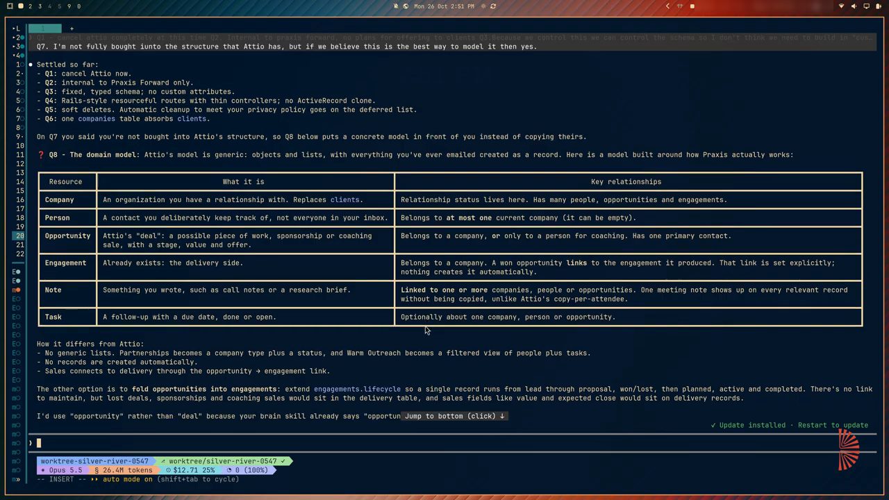 Bảng domain model trong terminal với Company, Person, Opportunity, Engagement, Note, Task