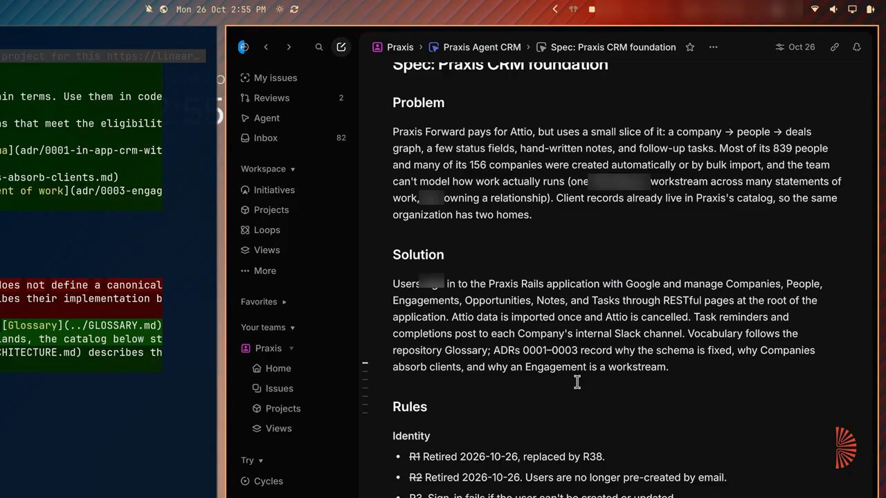 Spec Praxis CRM foundation trong Linear với các mục Problem, Solution, Rules